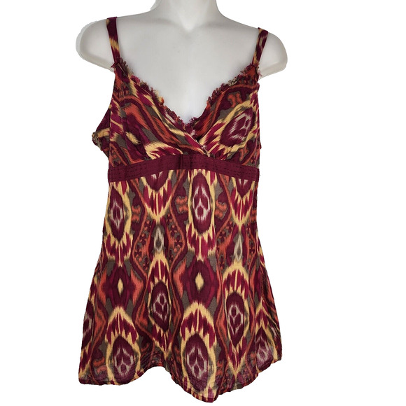 Maurice's Womens Top Medium Spaghetti Straps Baby Doll Smocked Back Printed Fray - Picture 1 of 10